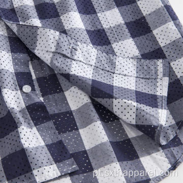 Camisa xadrez de algodão xadrez com mangas curtas e curvas curtas